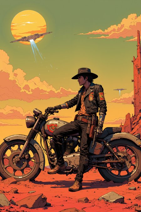 On the metallic, sun-scorched surface of a derelict space station, a lone space cowboy leans against his hovering bike, his cybernetic arm resting casually on the handlebar. His hat, made from darkened leather and adorned with the emblem of an outlaw gang, casts a shadow over his sharp, chiseled jaw. Above him, the twin suns of a distant binary star system burn brightly, their harsh light reflecting off the stationâs crumbling spires and casting long shadows across the barren, rust-covered landscape. His boots, caked with red dust from a hundred different worlds, kick up small clouds as he shifts his weight, eyes scanning the horizon where distant ships flicker like stars. The station itself, half-collapsed and forgotten, stands as a relic of a bygone age, its once-grand corridors now home to scavengers and outlaws alike. The cowboyâs blaster, a sleek, high-caliber energy weapon, hangs loosely in its holster, glowing faintly with the telltale light of a recent charge. His gaze is fixed on the shimmering silhouette of a ship descending from the sky, a long-awaited arrival that will settle an old score. The air crackles with the anticipation of a showdown, the calm before the storm in this dusty corner of the galaxy. DB4RZ, DB4RZ style painting, NeoPigma, in the style of cksc, anime, cyberpunk, a masterpiece, award winning,<lora:CPA:0.5><lora:FLUX-daubrez-DB4RZ:0.3><lora:NeoPigmaV3:0.35><lora:ck-shadow-circuit-000021:0.35>