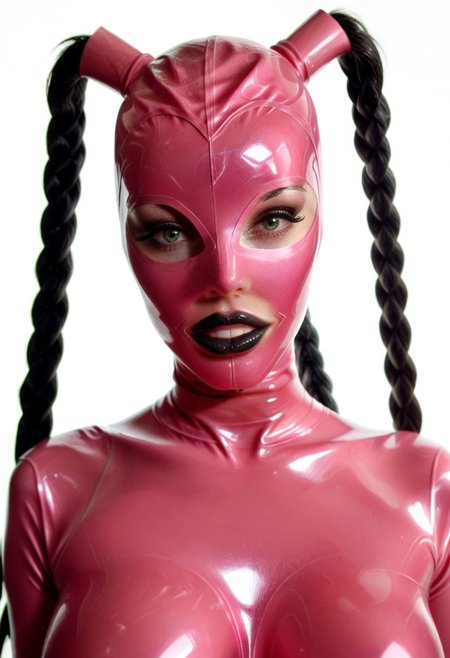 score_9, score_8_up, score_7_up, photo, photoshoot, portrait, close up, looking at viewer, 1girl, fit, mature woman, lean toned, (pink latex mask, pink latex catsuit, black lipstick:1.2), black braided pigtails, green eyes, seductive lips, (thick full lips, pouty lips, lips parted:1.0), visible teeth, glossy lips, long eyelashes, black eyeliner, black eyeshadow, soft contrast, soft shadows, large breasts,  seductive expression, white background