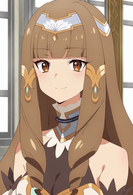 <lora:Elizabeth Klyrode:0.9> elizabeth klyrode, 1girl, brown hair, long hair, blunt bangs, brown eyes, solo, drill hair,    bare shoulders, hair ornament,  jewelry, tiara, upper body, looking at viewer, smile , medium breasts, score_9, score_7_up,anime coloring ,source_anime, anime
