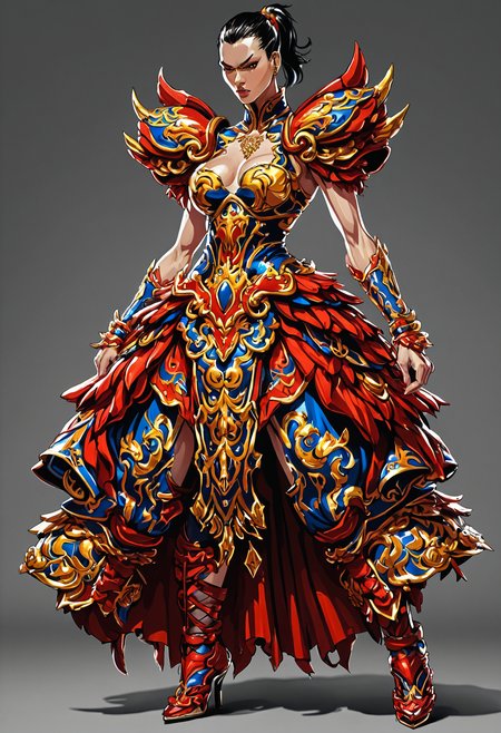 Street Fighter style <lora:Alexander McQueen-concept art-000005:1>, alexander mcqueen, concept art, armor dress . Vibrant, dynamic, arcade, 2D fighting game, highly detailed, reminiscent of Street Fighter series