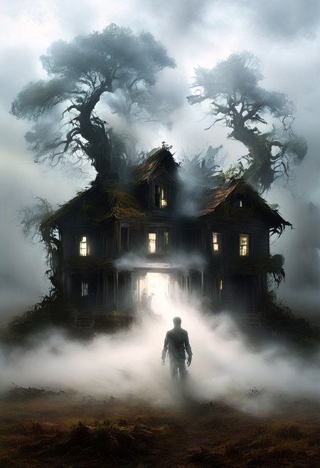 score_9, score_8_up, score_7_up, 
Extremely detailed realistic scene, a creepy abandoned farmhouse in a moonlit field, a few huge oak trees with Spanish Moss hanging, misty fog near trail, a sinister  demon made of fog takes form, demon rises from the fog, the smoke demon walking into existence near the haunted place, very scary environment, 
highest quality, HD,