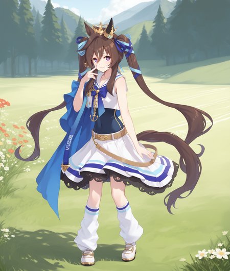 score_9, score_8_up, score_7_up, 2D, anime BREAK
grassland, 
shobufuku, 1girl, solo, long hair, looking at viewer, skirt, brown hair, black hair, ribbon, animal ears, twintails, purple eyes, tail, full body, hair ribbon, shoes, sleeveless, socks, belt, nail polish, horse ears, crown, horse girl, horse tail, loose socks, 
standing, 
five fingers, 
<lora:vivlos-ponyXL_resu006:1>,