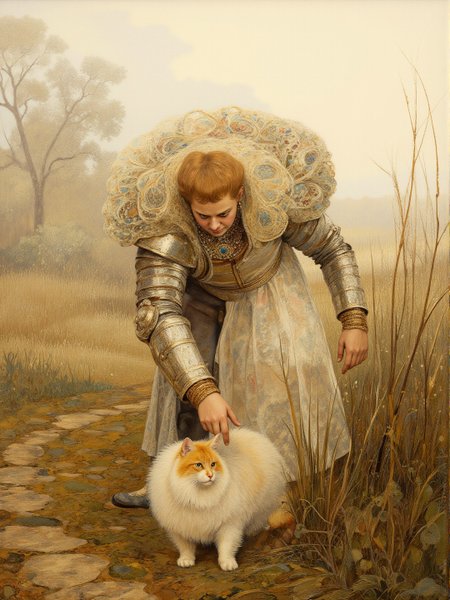 intricate Australian Expressionism painting. Full body view. Rennaisance theme. Plump mature terrified female knight, bejewelled, bending over to pick up a cat in a punk moorland setting. Intricate white and beige and copper Voronoi details. Overall, the scene is misty and is very detailed. Dramatic light illuminates the scene from the front. <lora:Former_Splendor:0.4> <lora:Paper_Marbling_Flux:0.5> <lora:midjourney_whisper_chromaplex_v1:0.4> <lora:Hand v2:1> <lora:flux.1_lora_flyway_Epic-detail_v2:0.4> <lora:Kaoru-Yamada_v17-000054:0.4>