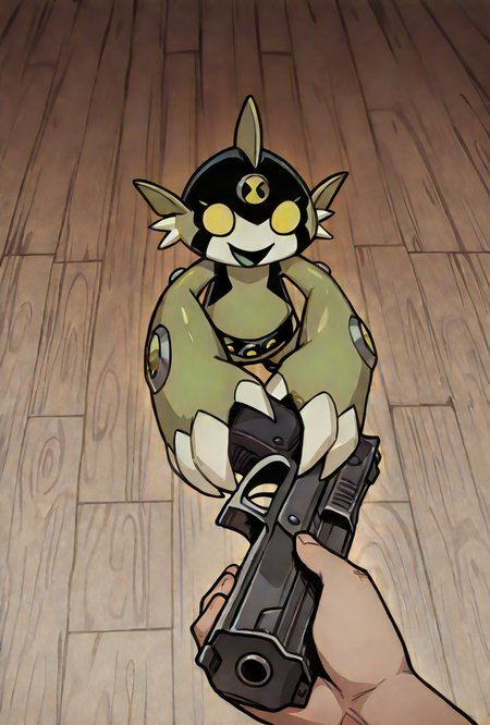 <lora:dito-08:1> dito, solo, no humans, green eyes, white claws, 1boy,green clothes, big hands, green head fins, green arms, black head, dynamic pose,,  <lora:go_do_a_crime_meme:1> go_do_a_crime_(meme), smile, open mouth, pov, handgun, masterpiece, best quality, amazing quality, very aesthetic, absurdres, newest,