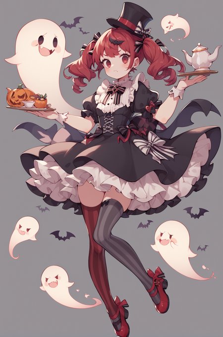 score_9, score_8_up, score_7_up, score_6_up, 1girl, argyle, argyle legwear, asymmetrical legwear, bow, dress, food, full body, ghost, halloween, hat, red hair, twintails, red shoes, solo, striped, striped_legwear, teapot, top hat, tray, vertical-striped legwear <lora:Uekura_eku_Style-000009:0.8>, dynamic pose,