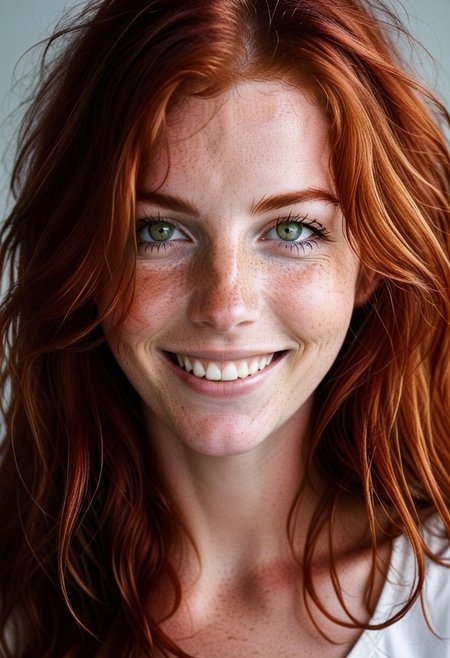 score_9, score_8_up, score_8_up, portrait , close up,  25yo redhead woman, green eyes, freckles, long messy hair, laughing, perfect skin, detailed eyes,