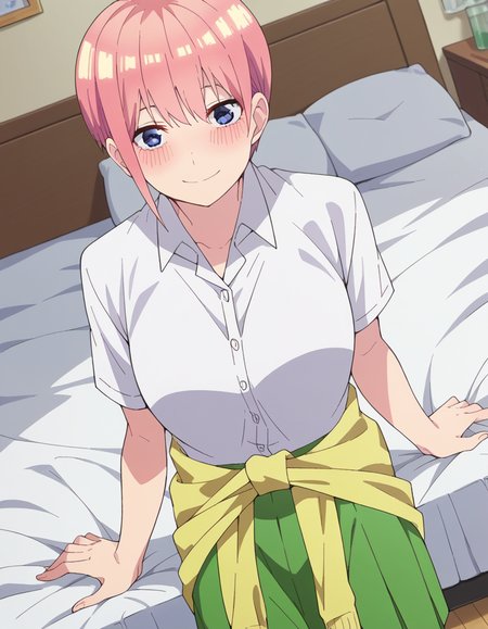 score_9, score_8_up, score_7_up, source_anime,
ichikanakano, <lora:ichika-nakano-s2-ponyxl-lora-nochekaiser:1>, 
ichika nakano, short hair, bangs, blue eyes, hair between eyes, pink hair, pixie cut, smile, mature female,
skirt, shirt, school uniform, white shirt, short sleeves, pleated skirt, collared shirt, sweater, green skirt, clothes around waist,
indoors, bed, bed room, on side, blush, drunk,
looking at viewer, cowboy shot, solo, dutch angle,