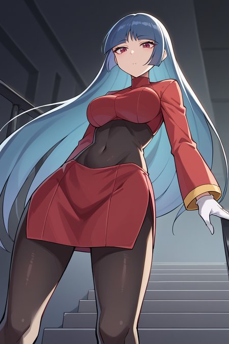 score_9, score_8_up, source_anime, 1girl, solo BREAK  <lora:sabrina-pdxl-nvwls-v1-000006:1> frlgsab, blunt bangs, very long hair, black bodysuit, turtleneck, crop top, red sleeves, red skirt, white gloves, black pantyhose, (large breasts:0.7), looking at viewer, furrowed brow, expressionless, from below, dark room, pedestal, stairs, standing
