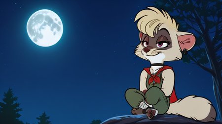 (detailed background:1.2), photorealistic, high quality, image depth, cinematic lighting, photorealistic, detailed shading, <lora:pony_good_hands:1>, solo, masterpiece, highest quality, detailed face, deep shadows, SFW, night setting, <lora:Beautiful Detailed Eyes:1> <lora:Detailed_eyes:1>, fluffy fur, (Brooke,1girl,solo,furry female,racoon girl,purple eyes,blonde hair,short hair,bangs,body fur,two tone fur,grey fur,white fur,tail,black choker,snout,animal nose,whiskers,earings,piercing, armless green top, anthro, fluffy, fluffy fur, paws, moon, trees, tunic, pants, cape, scarf, leg wrap),  <lora:Brooke_v01_ILXL:1>, (half closed eyes:1.2), sharpening a spearhead,  <lora:DragonBall-Illustrious:1>, dbstyle, full body, score_9, score_8_up, score_7_up, score_6_up, score_5_up, score_4_up,