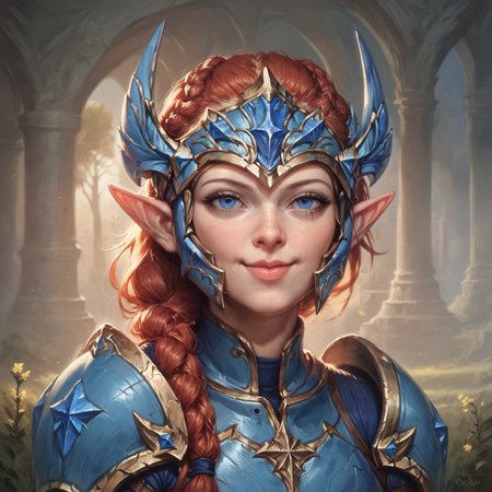 (((beautiful, high quality))), upper Body, score_9, score_8_up, score_7_up, Elf, pointed ears, small ears, auburn hair, hair braid, wide hips, curvy, 1girl, blue eyes, looking at the viewer, dynamic pose, blurred background, in the style of jeff-easley, oil painting, realistic, smile, (blue armor:1.2), massive armor, narrowed eyes, helmet, youthful face, lips closed, 