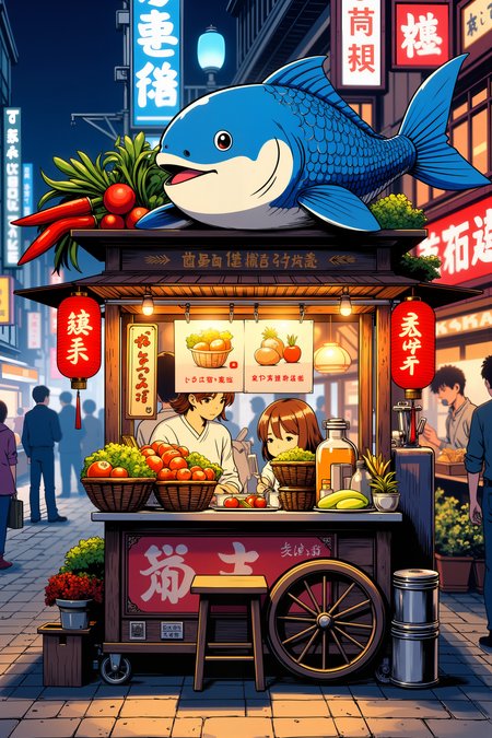 a whimsical food cart with a large, friendly blue fish as the mascot. The cart is decorated with vibrant red lanterns, traditional Japanese kanji signs, and an assortment of colorful vegetables. A small stool sits in front of the cart, which is adorned with various food items and utensils. The background is softly blurred, suggesting a bustling street market at night. The art style is vibrant and cartoonish, with a warm, inviting atmosphere..Detailed shadows.intricate details, vivid colors, hyper-detailed, ultra-sharp, ,, ,meiman_style,This is a retro comic book style digital illustration,  <lora:meimanstylev2:0.4><lora:Vintage comic book:0.4><lora:RetroAnimeFluxV1:0.15><lora:Greg_Capullo_style:0.4><lora:jeanClaude_Mzires_Style_FLUX-000001:0.4><lora:Flux_Ink_Anime:0.4>