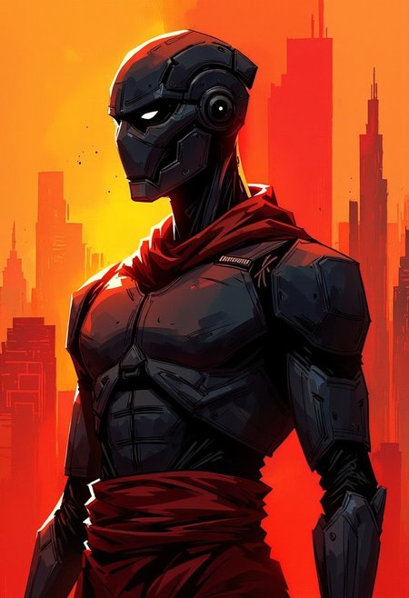 closeup portrait illustration of an Elysium Robot Cyborg Samurai, macro, a captivating vibrant dark capturing the essence of a cyborg Bedouin sorcerer in fight stance, standing infront of dystopian megacity. ethereal, smoky backdrop. a translucent red/tanslucent amber/black, atmospheric haze, Film grain, cinematic film still, shallow depth of field, highly detailed, high budget, cinemascope, moody, epic, OverallDetail, gorgeous, painting, photorealistic, candid camera, color graded cinematic, eye catchlights, atmospheric lighting, skin pores, imperfections, natural, shallow dof,