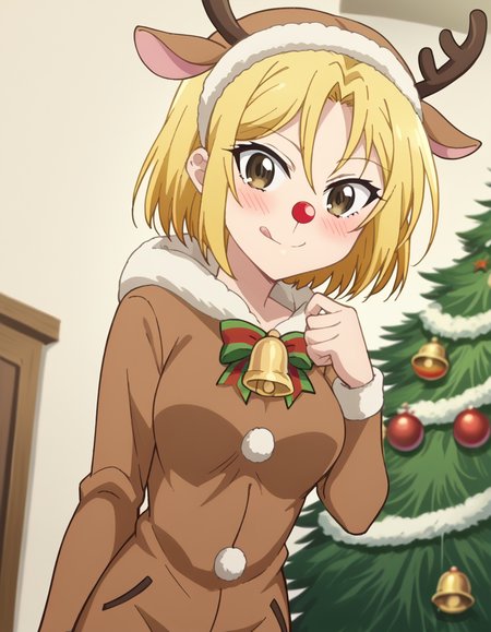 score_9, score_8_up, score_7_up, source_anime, <lora:chinatsu-hayakawa-s1-ponyxl-lora-nochekaiser:1>, chinatsu hayakawa, short hair, blonde hair, brown eyes, medium breasts, anime screencap, <lora:reindeer-costume-ponyxl-lora-nochekaiser:1>, reindeer costume, animal costume, reindeer antlers, antlers, fake antlers, reindeer hood, christmas, red nose, deer ears, deer tail, christmas tree, bell, horns, reindeer,, blush, smile, tongue out, looking at viewer,, , dutch angle, cowboy shot