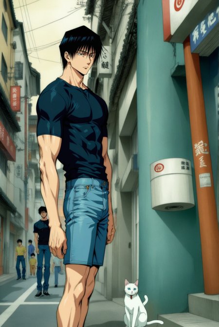 1boy, male focus, fushiguro touji, jujutsu kaisen , (90s anime style:1.5), front view, outdoors, street view, (looking down:1.3), perfecteyes, shirt, denim shorts, (a single white cat sitting next to them) <lora:detailed_notrigger:1> <lora:ParchartXL_CODA:0.2> <lora:Isometric Cutaway:1> <lora:PerfectEyesXL:1> <lora:Surreal Harmony:0.2>