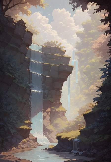 (score_9, score_8_up, score_7_up), 1girl far away,blonde, small breasts,detailed background, waterfall,