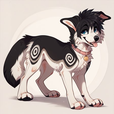 solo, mammal, feral, canid, tongue, canine, simple background, hair, digital media (artwork), fur, white body, tongue out, white fur, blue eyes, paws, feet, ambiguous gender, pawpads, black hair, open mouth, toes, tail, smile, 4 toes, canis, tuft, domestic dog <lora:gosdoq_1.0Pony:1>