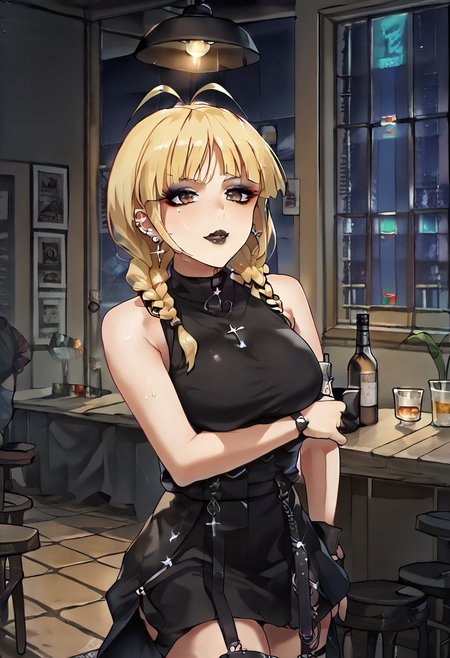 Score_9,score_8_up,score_7_up,score_6_up,source_anime,detail,1girl,solo,neon glow,BREAK
GothicC, makeup, lipstick, mascara, black nails, tattoo, black lips, wide lips,  BREAK
akzkrtk,long hair, (blonde hair),(twin braid,bangs:1.1), antenna hair,((no glasses)),brown eyes, BREAK 
(the whole body is sweaty:1.2), (steam on the body),((jet-black skin)),  BREAK
(indoors:1.1),(night:1.4),(cowboy shot:1.2), Dutch Angle Shot, (dynamic angle:1.2), (dynamic pose:1.2), face focus, eyes focus, (sitting, beside Bar counter,), holding wine,  BREAK
ruanyi0729,indoors,bar \(place\), BREAK
ruanyi1005,backless dress,black dress,sleeveless,turtleneck,short dress,tight dress,cross-laced clothes, BREAK
Expressiveh,horny face,((seduce)),seduce smile, mouth close, BREAK
OverallDetail,Frontlight,