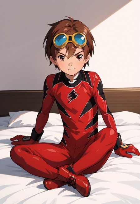 score_9, score_8_up, score_7_up, zPDXL2, 
1boy, solo, goggles on head, brown hair, 
,sitting on bed,
geki red, red bodysuit, black markings,   red gloves, red boots,