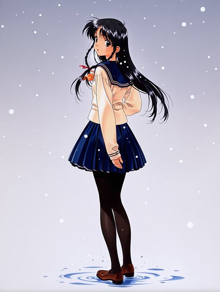 masterpiece,best quality,amazing quality,
1girl,solo,
retro artstyle,<lora:sugihara_manami_ilxl_v1.0:1>,s_manami,black hair,long hair,hair ribbon,twin braids,brown eyes,s_manami,serafuku,long_sleeves,blue skirt,black_pantyhose,brown loafers,
<lora:Fixhands_anime_bdsqlsz_V1:1>,simple_background,snowing,standing_on_liquid,from behind,looking_back,