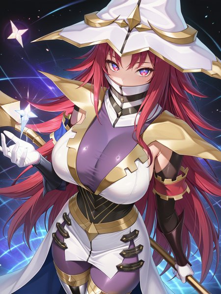abeyond the pendulum, 1girl, solo, white wizard hat, multicolored thigh boots, staff, looking at viewer, holding staff, large breasts, cowboy shot, white dress, multicolored elbow gloves, purple bodysuit, glowing crystal, from above, high collar
masterpiece,best quality,amazing quality,very aesthetic,absurdres,newest,<lora:Beyond the Pendulum illuXL v1:0.75>,