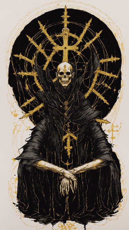 <lora:DarkInkAI:1> DarkInkAI, a gothic wizard, floating cross legged, circle of arms, radiating power, gold ink, inksketch