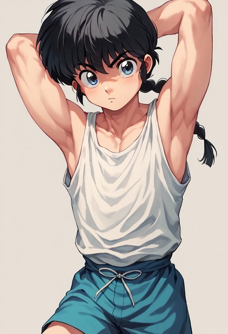score_9, score_8_up, score_7_up, 1boy, solo,  cute boy, Ranma_Kun, Black Hair, Single Braid, Blue Eyes, tank top, shorts, arms behind head, armpits