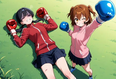 boxing gloves, bruised eye, nosebleed, one eye closed, clenched teeth,  <lora:girlsboxingdownloraillustrious-000060:0.3>, gbdown, full body, cowboy shot, from above, cowboy shot, masterpiece, best quality, 2girls, outdoors, grass, BREAK
lying, on back, lying on back, red boxing gloves, black hair,  low twintails, track jacket, skirt, BREAK
(bruised eye, dirty face:1.1), one eye closed, arms up, raised fist, smile, happy, standing, looking at viewer, blue boxing gloves, brown hair, two side up, track jacket, skirt, shoes,