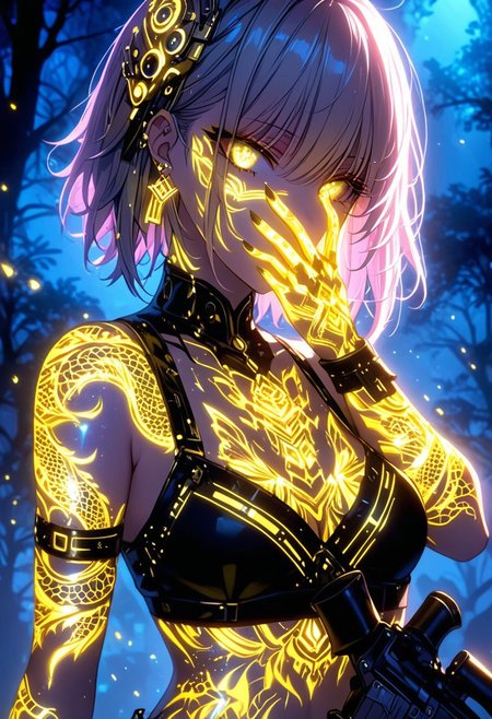 full body, a girl covering her eye with her hand and posing. and a glowing yellow ring around her eye, Charlie Bowater, detailed eyes, cyberpunk art, fantasy art, ((golden glitter eye shadow)), gold erring on right ear, kissable lips, short hair, yellow halo over head, 1girl, (pink lighting:1.2). ((Blue lighting:1.2)), ((golden yellow eyes)), grey hair, sexy fishnet lingerie, fully in frame, (((one eye covered))), ((in a magical forest at night)), ammo belt, m4, holding gun, front, AK47, adorned with jewelry,hair, Pixel-perfect precision, pristine detail, 8K resolution, high fidelity, Wide range of colors. Insane quality, Holding a assault rifle