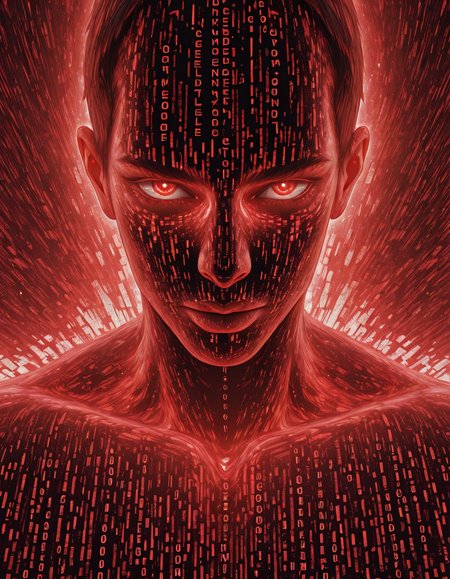 Glitchcore Art Style, detailed, mmatrix-style, silhouette, code, text focus, glitch, digital dissolve, 1boy, red theme, dynamic, dramatic, distorted, vibrant colors, glitchcore art style