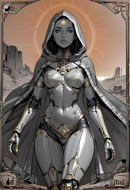 score_9, score_8_up, score_7_up, score_6_up, score_5_up, score_4_up, (from below, close up:1.2), cyborg, woman, old face,thin, (blue eyes:1.3), detailed eyes, shiny metallic skin, mechanical lower body, reverse legs, heavy cape, (gold plating:1.3), 
walking, hood up, scorching sun, hand on forehead, looking at viewer, quarter turned,
desert, ancient city ruins, dry land, (pale orange background:1.3), (gold glowing sun:1.3),
lineart, monochrome, greyscale, (tarot card composition:1.3),