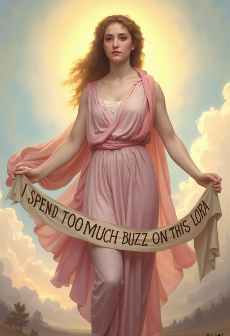 Wil_Ad. A classical painting of the goddess Venus. She is depicted in sheer, pink, flowing, semi-transparent clothing that drapes elegantly over her form, highlighting her divine beauty. Venus is holding a delicate cloth banner in both hands, its edges flowing softly in the wind. The banner is inscribed with the words "I SPEND TOO MUCH BUZZ ON THIS LORA"  in a bold, elegant script. The background features a serene, celestial landscape with soft pastel skies, golden light, and hints of clouds. The overall atmosphere is radiant, ethereal, and timeless.