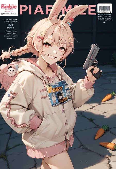 (score_9, score_8_up, score_7_up, score_6_up, score_5_up, score_4_up), fantastic composition, solo, (pipkinpippa, 1girl, pipkinpippa the mad gunslinging rabbit, comic cover, female, pipkin pippa, feet), "Guns&Ammo" magazine cover, (pink platecarrier, carrots in pockets:1.3), (cute, petite), (handgun, holding gun, holding weapon, dual wielding, finger on trigger), smile, (smug, naughty grin), crazy eyes, backlit, (dynamic view angle, side view, from above, face focus, warzone background)