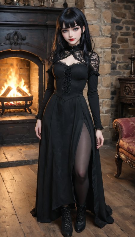 Full Body Shot, girl, gothic, adult, cute, seductive, innocent, light smile:0.3, plump lips, slender body, pale skin, long straight black hair, bangs, black goth dress, medieval theme, fire in the fireplace background, depth of field, dynamic angle, fashion photography, sharp, hyperdetailed:1.15, 4n1v3rs3