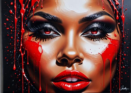 (acrylic painting:1.1), ((Lips with lipstick like liquid shiny red paint)), flowing, dripping, tempting shot, light skin, black background, highly detailed, glamour, (only uses 256 different shades in total), (brush strokes:0.6), high contrast, (paint drips:0.5), stark, (dripping paint0.5), (splatters:0.5), (dramatic:0.4), (photorealistic:0.2), 
 <lora:MS_AcrylicArt_V1_SDXL:0.8> acrylic_painting, painting, brush strokes, paint drops, paint splatter