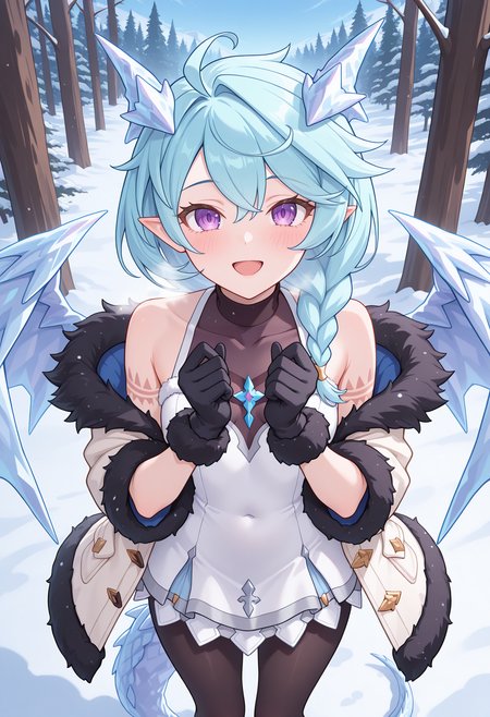 pcrsheffy, blue hair, long hair, braid, purple eyes, dragon tail, dragon horns, dragon wings, ahoge, arm tattoo, purple eyes, shefdef, coat, white coat, fur trim, white dress, covered collarbone, sleeveless, bare shoulders, black gloves, black pantyhose, snow, forest, blue sky, blush, looking at viewer, hands up, open mouth, from above, smile, <lora:_sheffy_pcr-elesico-ilxl-v11A-15:1> highres, best quality, masterpiece, 
1girl, solo,