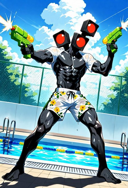 score_9, score_8_up, score_7_up, score_6_up, rating_explicit, humanoid, male, muscular, traffic face, no mouth, object head, (((black skin, black body, Detailed body, no mouth))), glowing traffic face, (((Three head only)), red yellow green traffic, fingers, (no nipples),
foreshortening, expressive cute face, closed eyes,
^_^, looking away,
shiny skin, holding water gun, fighting stance, firing
water gun, wet clothes, white shirt, floral print shorts,
medium shot, day outdoors poolside, swimming pool,
cloudy sky, shadow, dutch angle, dynamic angle,
dynamic action, atmospheric perspective, intricately
detailed, depth of field, masterpiece, best quality,
amazing quality, very aesthetic, absurdres, newest,
very awa