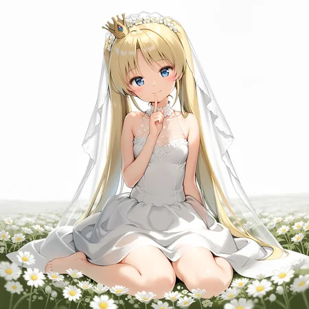 <lora:AnmiStyle_n16c16_nai_Loha-000028:1.5>,AnmiStyle,
<lora:Licia_de_novus_Yurii_1_nai:0.8>,Licia de novus Yurii,twintails,
wedding dress,bridal veil,see-through clothes,
1girl,solo,smile,looking at viewer,depth of field,lens_flare,head tilt,wariza,finger to mouth,arm at side,simple background,flower,white flower,flower field,white background,barefoot,mini crown,