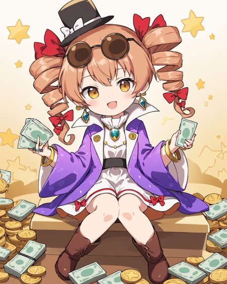 yorigami jo'on, 1girl, one_eye_closed, twin_drills, eyewear_on_head, sunglasses, top_hat, hat_bow, earrings, open_mouth, ring, white_dress, solo, chibi, crossed_legs, smile, purple_coat, fang, boots, necklace, ;d, holding_money, white_bow, ribbon, red_bow, brown_footwear, long_sleeves, round_eyewear, handbag, black_headwear, full_body, hair_bow, high_collar, wide_sleeves, twintails, bangle, looking_at_viewer, purple_jacket, sitting
<lora:yorigami_jo'on_image1462_2023-12-20-000014:1>,star-shaped_pupils,symbol-shaped_pupils,. gorgeous,key visual, vibrant, studio anime,award-winning, professional, highly detailed,high budget, cinemascope