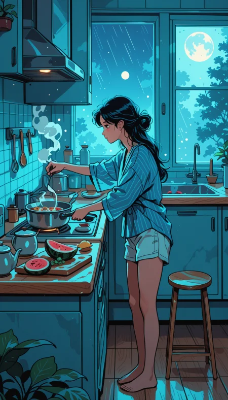 masterpiece, Shinkaistyle,
pinkretroanime, retro art,
Cyberpunk Style, cyberpunk, science fiction, hi tech, future tech, neon, (Cybernetics:1.25), (Neon Cityscape:1), (lineless:1.5), smooth edges, tall body, slender body, fit body, long legs, The image portrays a serene domestic scene featuring a young woman in the midst of meal preparation. She stands at a kitchen island, clad in a casual blue robe and her hair neatly tied back. Her right hand holds a wooden spoon, stirring a pot with visible steam rising from it. The kitchen is well-lit, with natural light streaming in from an unseen window, casting gentle shadows around the room. The woman's focus is on cooking, suggesting she's deeply immersed in her task. The kitchen itself has a warm, inviting atmosphere, with various items of kitchenware visible: a chopping board resting on the counter, a potted plant adding a touch of greenery to the scene, and a few scattered fruits like bananas and apples hint at a healthy meal being prepared. The background consists of a homely, comfortable kitchen environment, with wooden cabinets lining the walls and a window adorned with curtains allowing in soft, diffused light. The image has a calm and soothing ambiance, suggesting a moment of quiet domesticity captured in time., 1girl, solo, long hair, blush, bangs, shirt, black hair, long sleeves, holding, closed mouth, underwear, standing, full body, white shirt, ponytail, short sleeves, food, japanese clothes, sky, shorts, barefoot, striped, indoors, wide sleeves, kimono, water, hair bun, mole, black eyes, apron, feet, from side, tree, cup, sketch, wet, short shorts, mole under eye, bare legs, window, profile, toes, night, fruit, shadow, leaf, chair, looking away, looking down, moon, table, single hair bun, bottle, blue shirt, knife, plant, towel, no pants, steam, night sky, full moon, plate, sleeves rolled up, drinking glass, smoke, reflection, rain, blue shorts, bowl, blue theme, pajamas, white shorts, wooden floor, mug, spoon, apple, basket, tiles, holding knife, potted plant, wet hair, slippers, tile floor, bread, watermelon, stool, cooking, shelf, grapes, ladle, tile wall, kitchen, sleeves pushed up, pouring, banana, floor, lemon, tomato, vegetable, frying pan, moonlight, sink, spatula, counter, ceiling light, refrigerator, faucet, cabinet, cucumber, striped shorts, kettle, stove, soup, potato, kitchen knife, cutting board, weighing scale, onion, salad, bathrobe