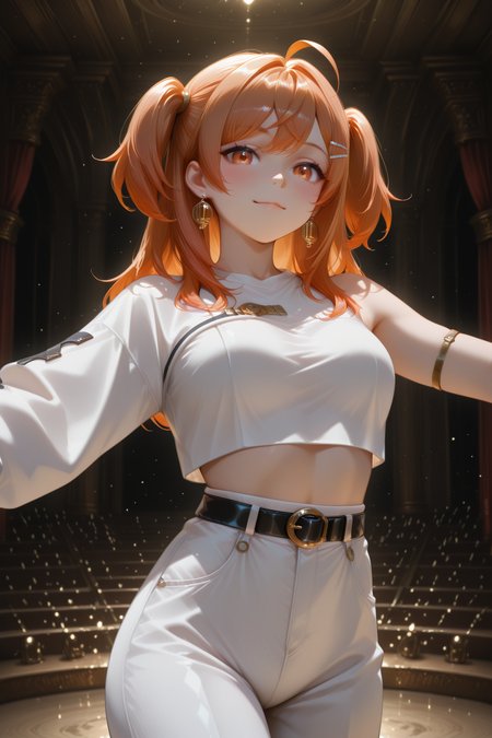 masterpiece, best quality, amazing quality, 1girl, solo, makeup, general, looking at viewer, blush, cowboy shot, light smile, spread arms, standing, dancing, stage, <lora:Hololive_Ririkarika:1>, Hololive_Ririkarika, long hair, hairclip, orange hair, multicolored hair, orange eyes, large breasts, ahoge, two side up, white shirt, crop top, hair ornament, long sleeves, navel, single earring, jewelry, (single sleeve), midriff, white pants, black belt, <lora:wai-2Rectified-V140:1>, <lora:Illustrious_-_Refiner:1>