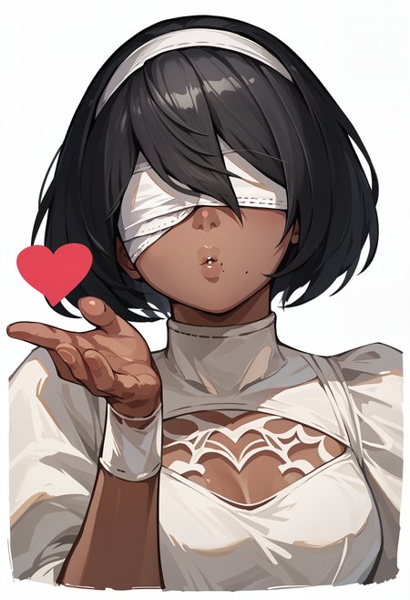 score_9, score_8_up, score_7_up, score_6_up BREAK white background, IncrsBlowingKiss, blowing kiss,heart,upper body, anzhc2bnier, white blindfold,dark skin,dark-skinned female,black hair,white dress,mole under mouth,kissy face <lora:FrierenBlowingKissMeme_XLPD:0.9> <lora:Anzhc2Bnier DoRA PDXL:0.8>
