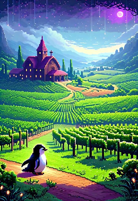 A pixel art scene depicting "The time for awe" in overcast weather, showcasing a picturesque vineyard with a captivating atmosphere. A slimy penguin sits in the foreground, surrounded by constantly circling fireflies, featuring a unique Wookiee hair style.
sci-fi, alien-worlds, eeriness, futuristic, outer-space, science-fiction, alien-themed, extraterrestrial, cosmic, otherworldly, mysterious, 
pixel-art, low-res, blocky, pixel art style, 8-bit graphics, blocky, pixelated, vibrant colors, cute, 
beautiful, painterly, artistic, aesthetic, vivid, vibrant, volumetric lighting, 
made of w00kiee, aid291, midjourneyv6.1