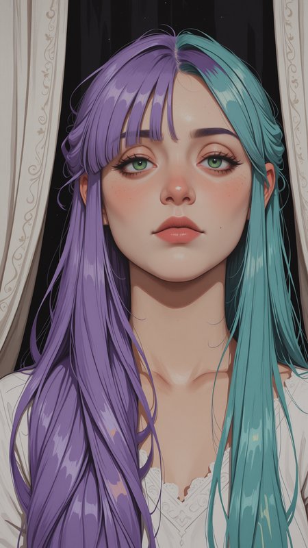 masterpiece,best quality,amazing quality, detailed eyes, upper body, portrait, looking at viewer, closed mouth, large iris,
artist:moriimee, ICJournals, blocky, painterly, detailing, 1girl, green eyes, turquoise hair,purple hair, long hair, Curtain Bangs, asymmetrical bangs,bangs, very long bangs, hair fall into face, one side half updo, one side ponytail, 
<lora:Incase_New_Illust:0.2> <lora:MoriiMee_Gothic_Niji_Style_Illustrious_r1:0.4> <lora:rdtdrp:0.5>