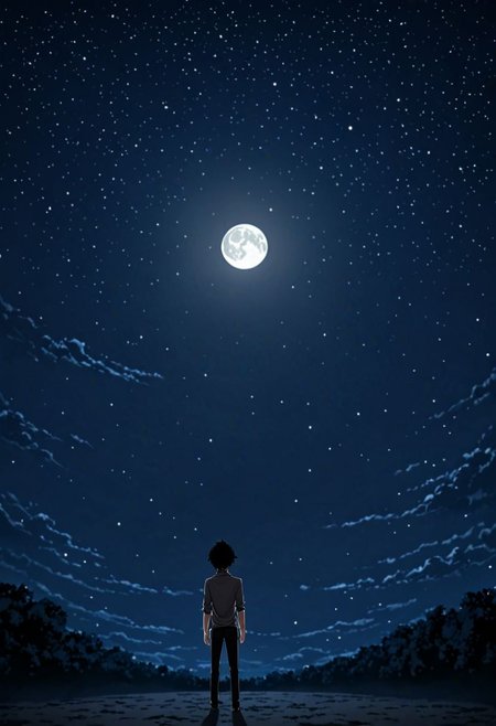 high resolution, solo, best quality, 1Boy, Seiya Kanie, black hair, short hair, thin, open space, night sky, moon, OverallDetail