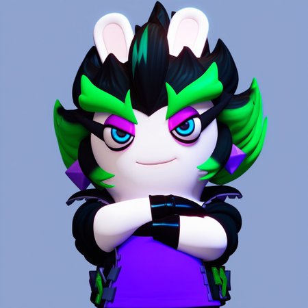 score_9, score_8_up, score_7_up, solo, Expressiveh, (EdgeMR, punk, female rabbit, furry, anthro, rabbit ears, black hair, green hair, two tone hair, green eyebrows, thick eyebrows, white body, white fur, fingerless gloves, purple shirt, black jacket, black shoes, purple earrings, purple eyeshadow, blue eyes), MRstyle, cowboy shot, arms crossed, looking at viewer, smile, closed mouth, close-up, black background, simple background, 4k, masterpiece, best quality, highly detailed, realistic