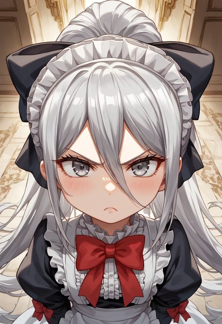 score_9, score_8_up, score_7_up, above the waist shot, standing,
, masterpiece, high quality, Expressiveh, best quality, , detailed, beautiful, detailed face, intricate details, highest quality-style, t, detailed background, beautiful eyes, detailed eyes, volumetric lighting, random pose, 
BREAK  
<lora:Felli_loss_-_Chrome_shelled_regios_-_V1:.7> felli, gray hair, gray eyes, 1girl, long hair, , black maid , ponytail, red bow, angry, chibi, pissed, (aura:1.2), dark aura
<lora:Eyes_High_Definition:0.25> eyeshd
<lora:Expressive_H:1> expressiveh