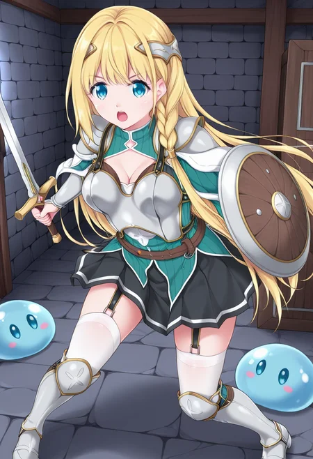 newest, masterpiece, best quality, 4k,ultra detail, 
indoors, dungeon, stone wall, torches, very aesthetic, detailed background, full body,
1girl, solo,  <lora:Ria Eldorakusu:1> r1a, blonde hair, , very long hair, braid, braid over shoulder, hair ornament, blue eyes, medium breasts, green dress, breast plate, armor, cleavage cutout, pleated skirt, black skirt, garter straps, thigh boots, thighhighs, greaves, looking at viewer, v eyebrows, open mouth,weapon, sword, holding sword, shield, holding shield, attack pose, slime, monochrome