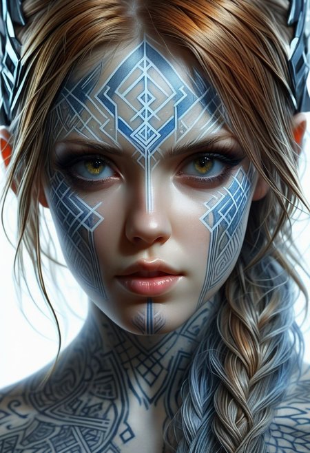 Nordic Rune tattoo on girls face, close-up, by Minjae Lee, Carne Griffiths, Emily Kell, Steve McCurry, Geoffroy Thoorens, Aaron Horkey, Jordan Grimmer, Greg Rutkowski, amazing depth, double exposure, surreal, geometric patterns, intricately detailed, bokeh,  perfect balanced, deep fine borders, artistic photorealism , smooth,  great masterwork by Suiras  <lora:add-detail-xl:2>  <lora:Double_Exposure:0.5>