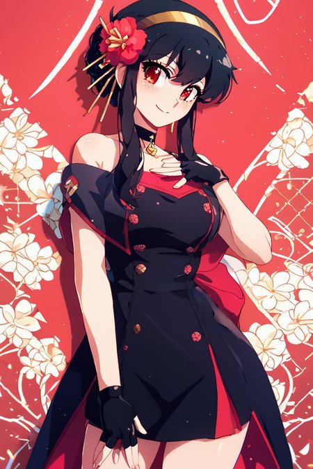 score_9, score_8_up, score_8, medium breasts, (curvy), cute, eyelashes,       BREAK, , BREAK, YorForger, 1girl, black hair, red eyes, short hair with long locks, gold hairband, hair flower, black choker, black dress, sleeveless, off shoulder, floral print, fingerless gloves, <lora:YorForgerXLpony004:0.8>,, <lora:Konpeto_PDXL_v3:1.0>, , BREAK,  smile, looking at viewer, cowboy shot,  embedding:zPDXL, Expressiveh, <lora:SDXLFaeTastic2400:0.5>,  <lora:Expressive_H-000001:0.4>,