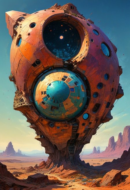 Dry riverbeds, historic rendering of a square spaceship , digital artwork by Roger Dean, vibrant colors include cuware and births a house ,  inside the surreal landscape of warped geometry and digital artwork by Beksinski, create a sense of detailed, abstract, trippy, 60s style, op art,  cell shaded, 8k. The composition includes overlapping circles, sharp-edged polygons, and fluid lines, all interwoven to create a sense of rhythm and flow.